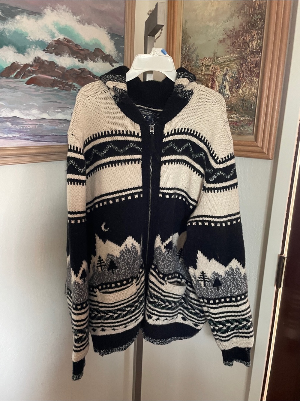 American Eagle Outfitters Black & Cream Zip-Up Hooded Sweater